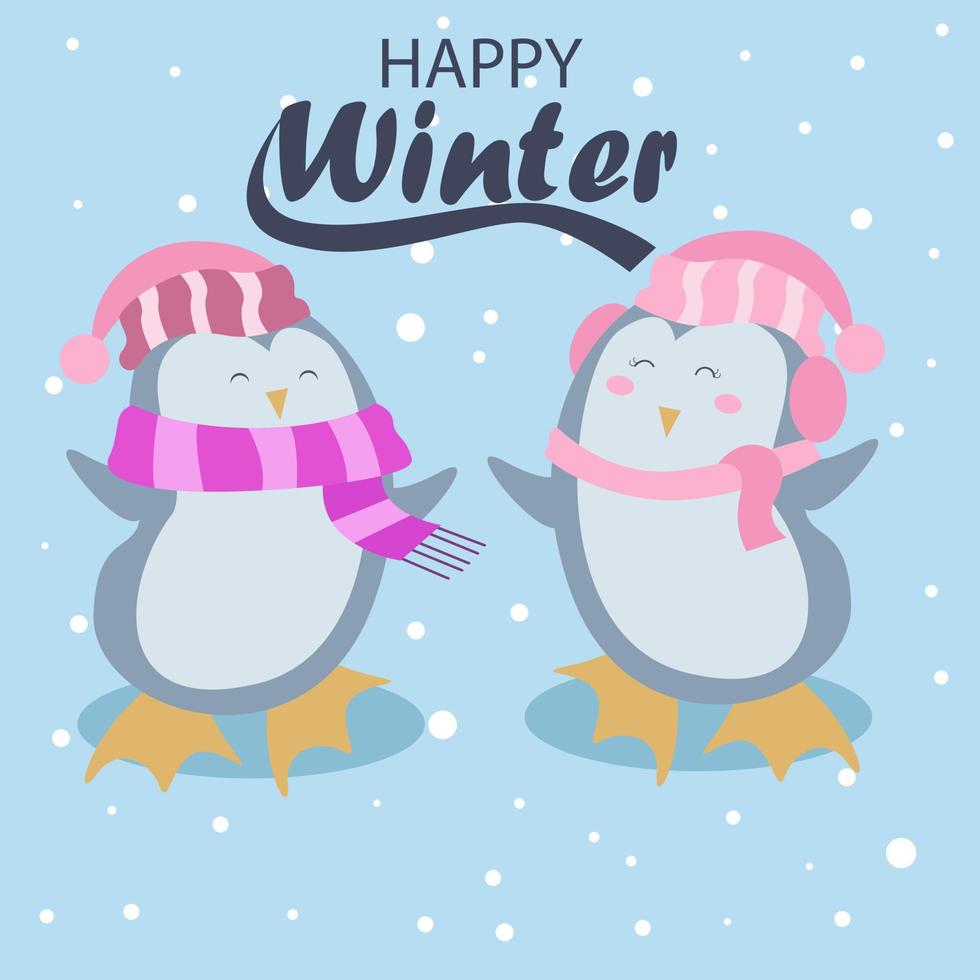 Winter cute penguin character vector background design