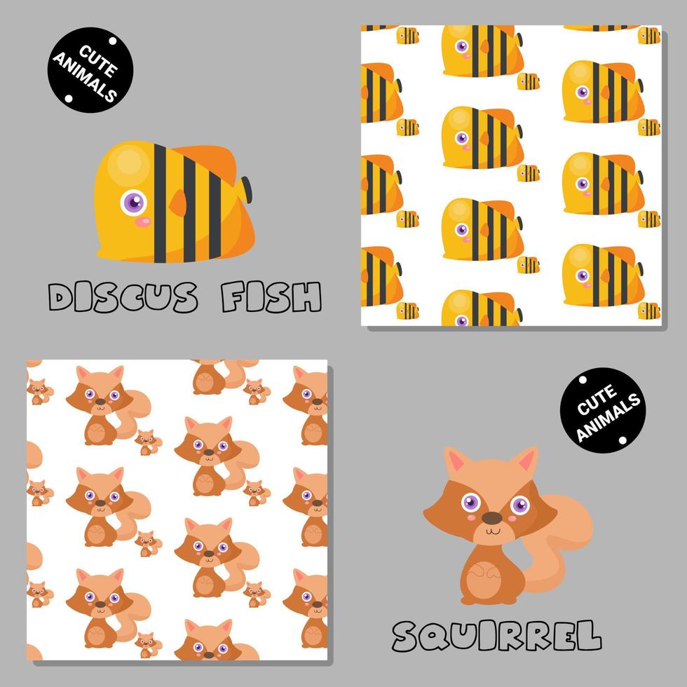 Set of vector seamless patterns with animals. Hand drawn illustration of discus fish and squirrel