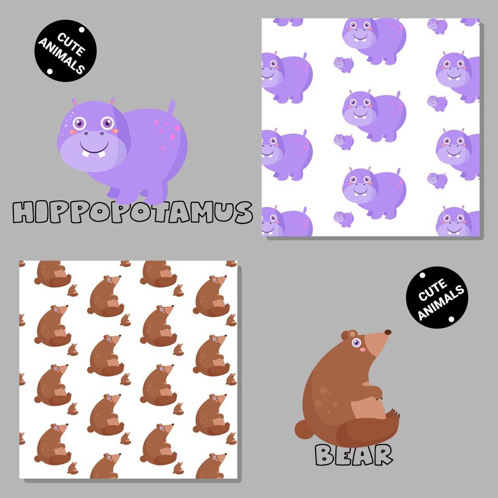 Set of vector seamless patterns with animals. Hand drawn illustration of hippopotamus and bear