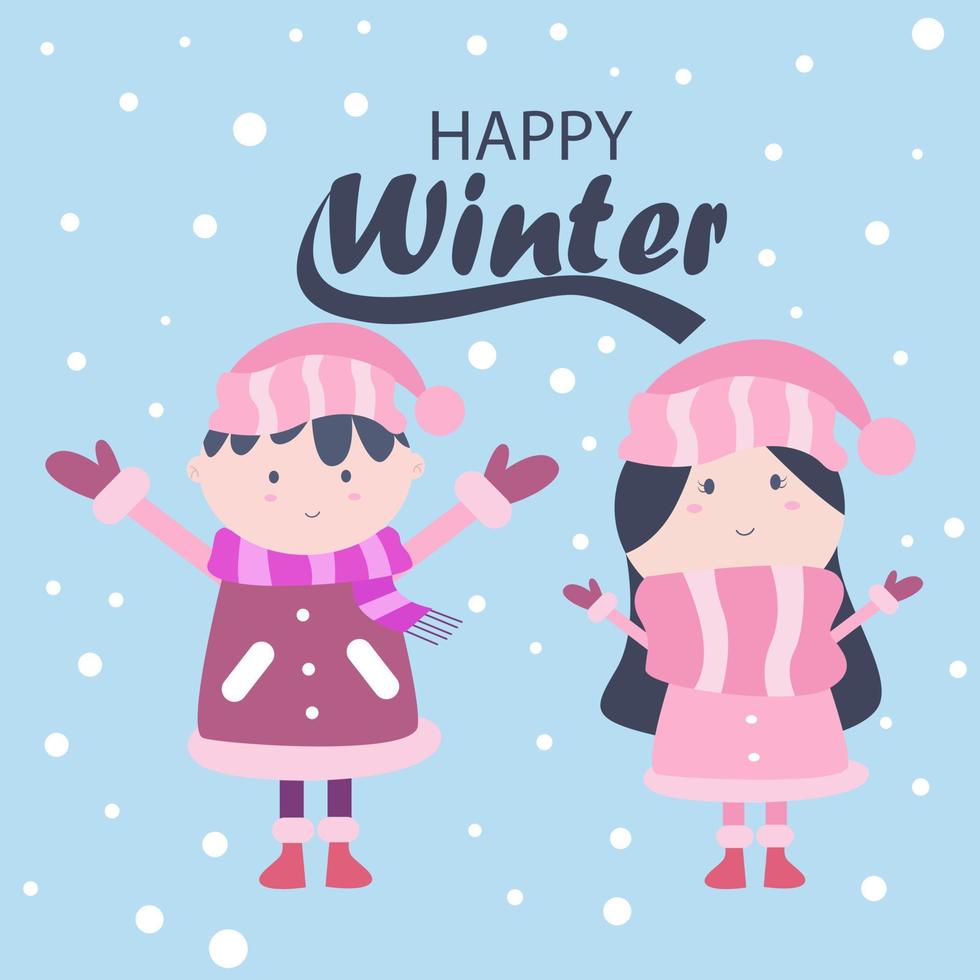 Winter illustration with cute boy and girl vector
