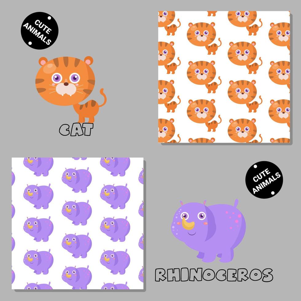 Set of vector seamless patterns with animals. Hand drawn illustration of cat and rhinoceros