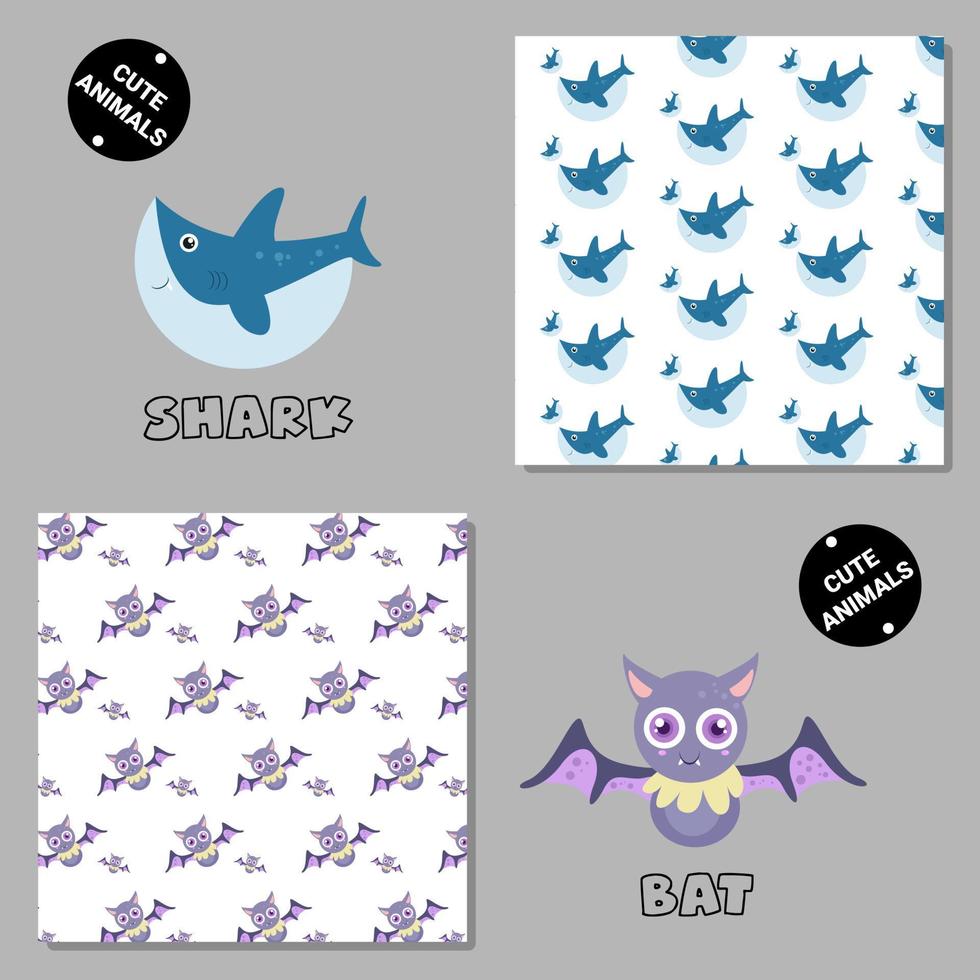 Set of vector seamless patterns with animals. Hand drawn illustration of shark and bat