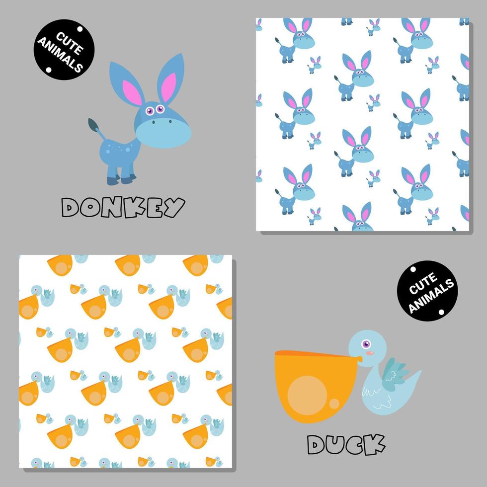 Set of vector seamless patterns with animals. Hand drawn illustration of donkey and duck