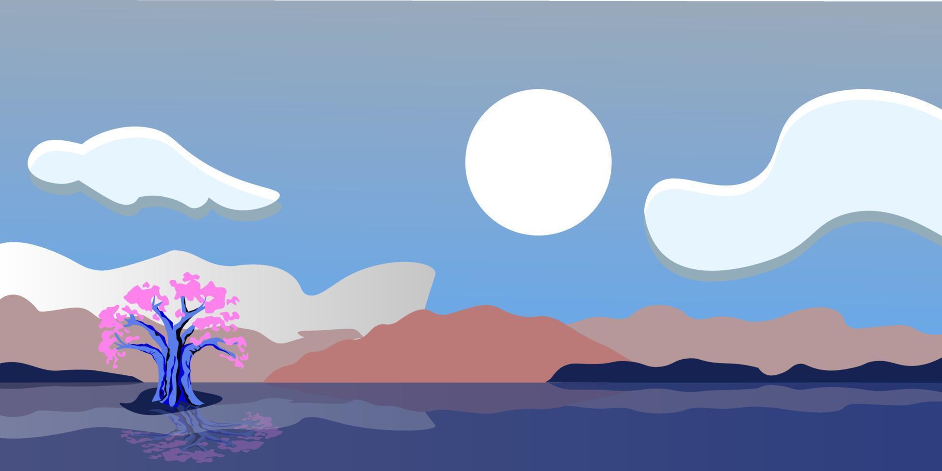 Flat landscape view with hills and lake. Vector illustration of a nature background.