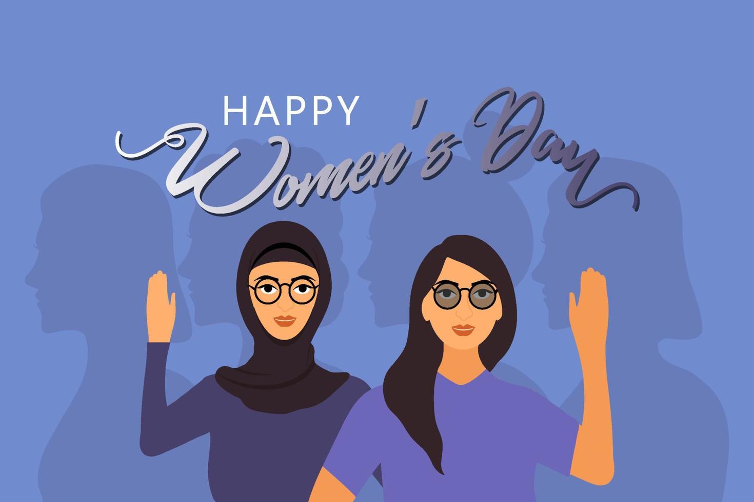 International women's day. Horizontal poster on a light blue background. Vector illustration in flat style for greeting card, poster, banner