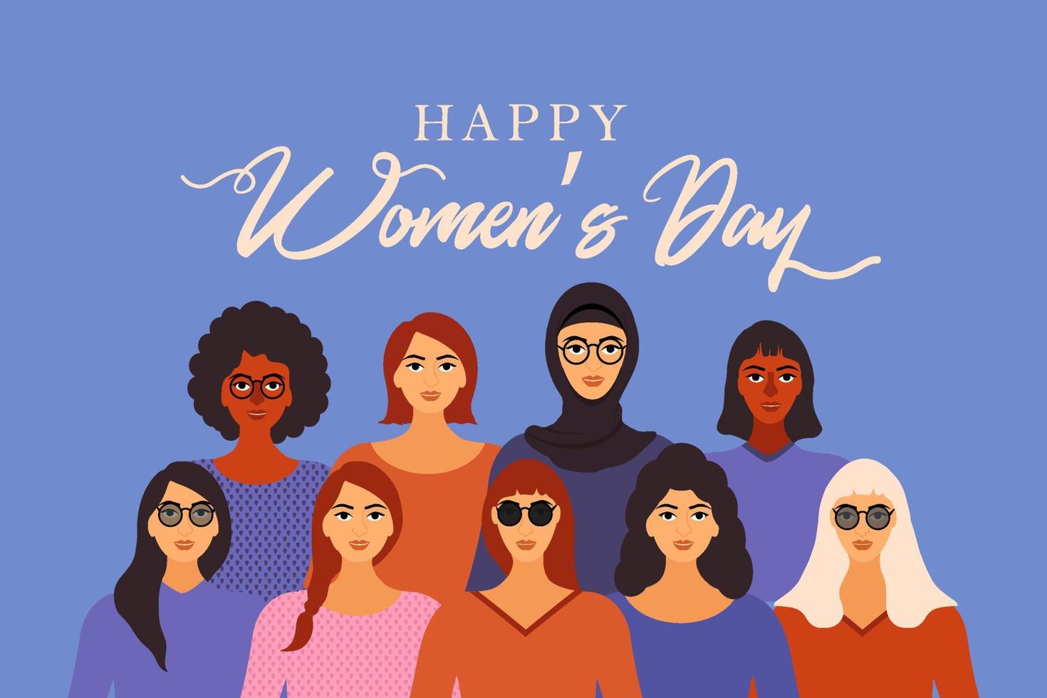 Happy women's day banner illustration, various images of women side by side from different ethnicities and cultures. Strong and brave girls support each other. Brotherhood and female friendship vector