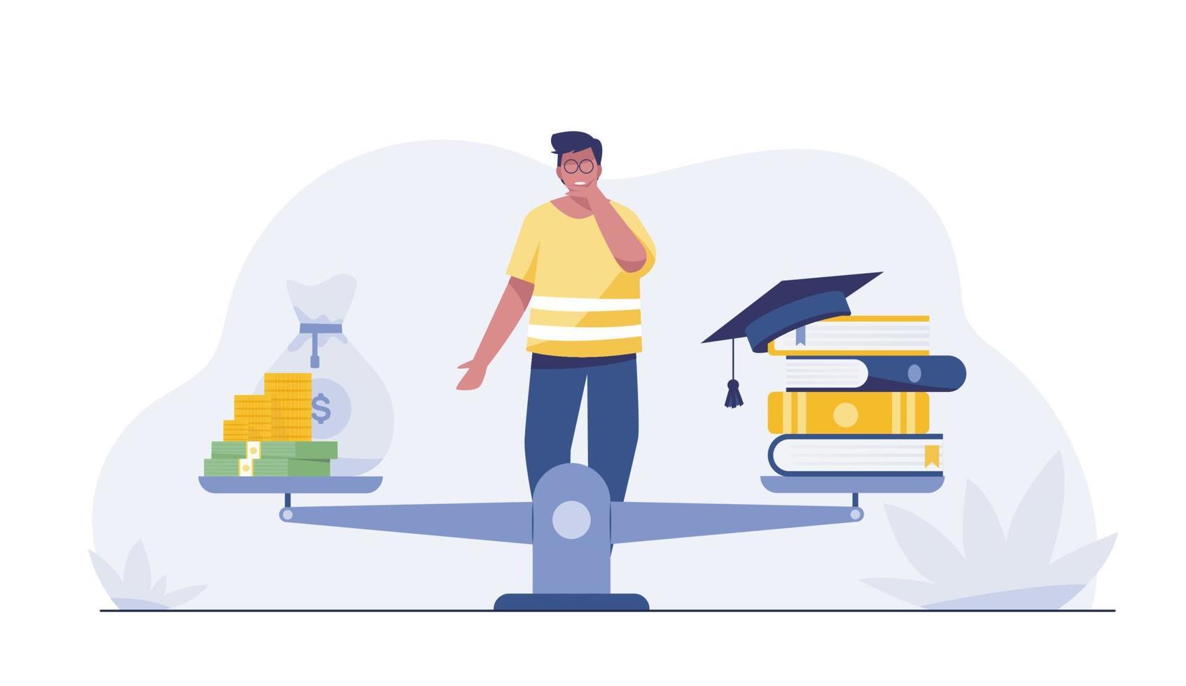 Money for education. Cost of college and invest in school. Scholarship of student. Finance loan, debt for study in university. vector