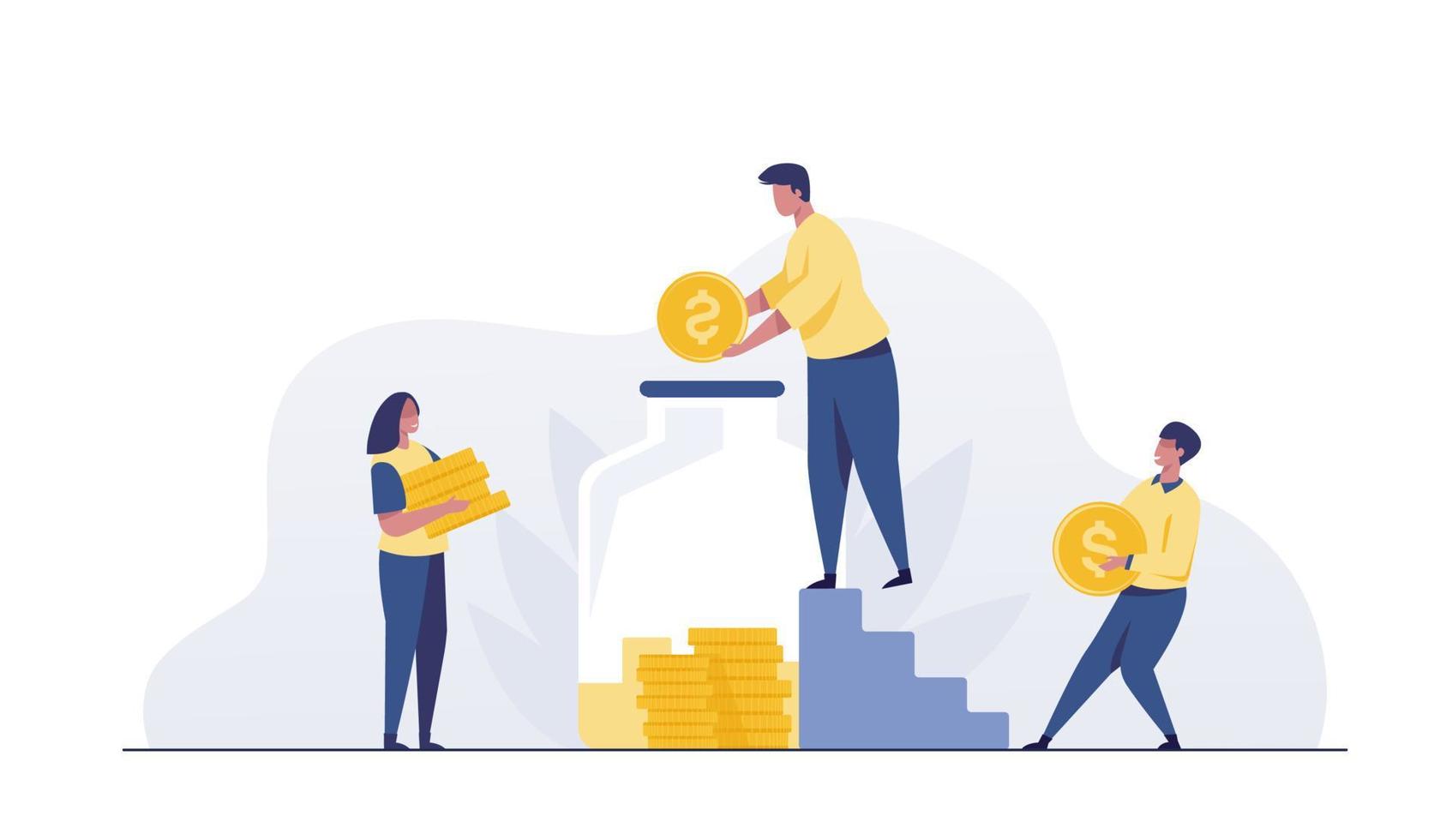 Man and woman inserting cash into glass jar. Vector illustration for finance.