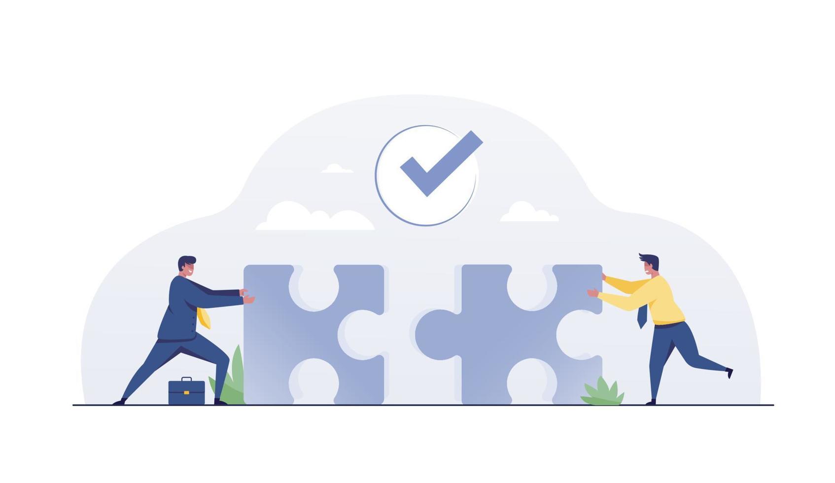 Team of business collaborate holding up jigsaw puzzle pieces. Two businessmen combine puzzles. vector