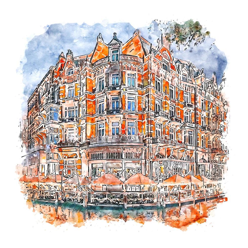 Amsterdam Netherlands Watercolor sketch hand drawn illustration vector