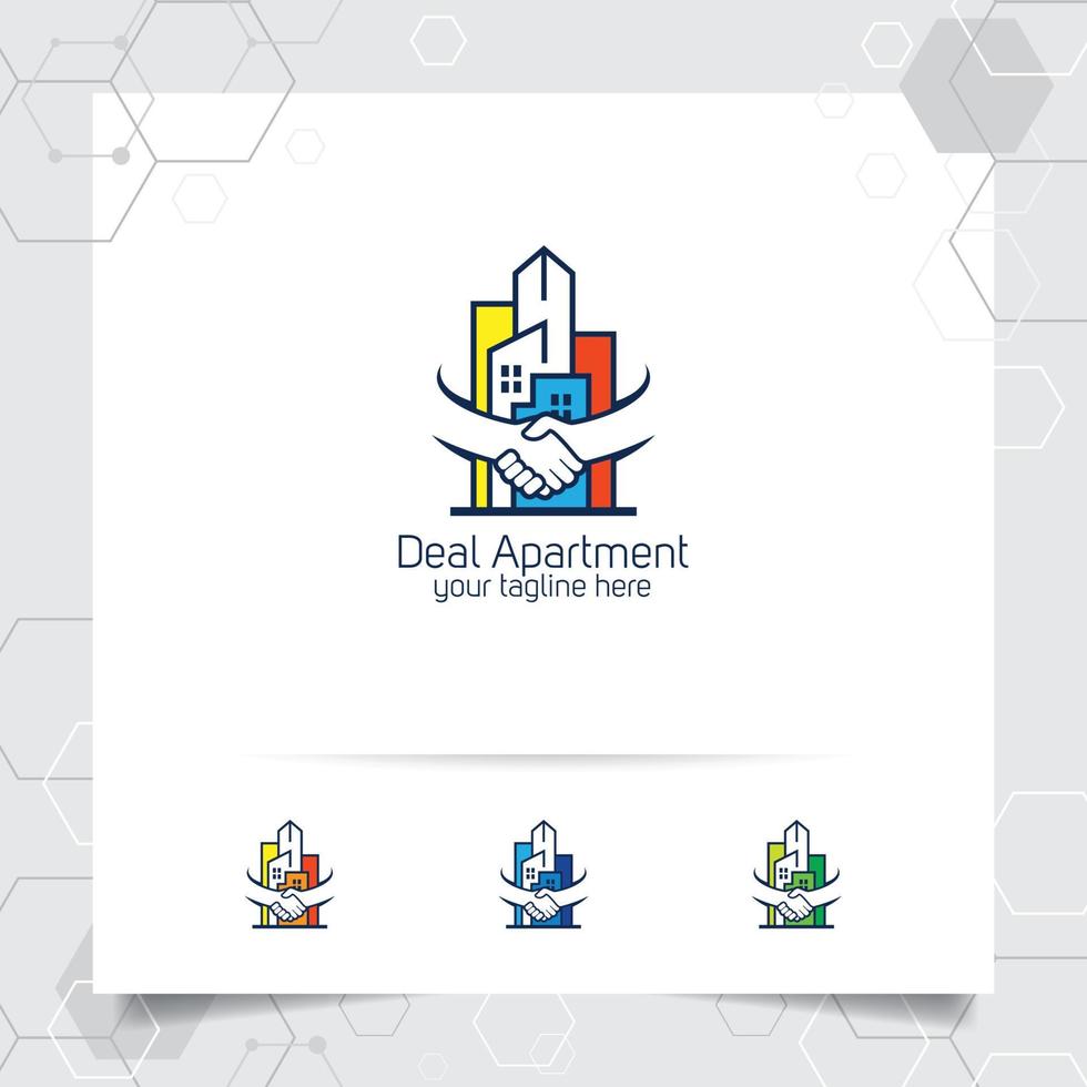 Property logo design vector with concept of deal and hand shake. Real estate and apartment logo vector for hotel, residence, construction and contractor.