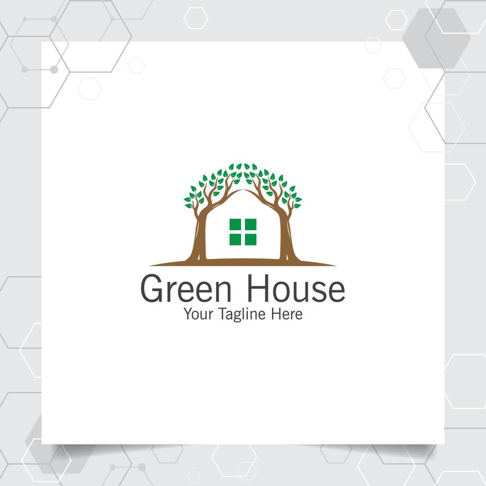 Green house logo design vector with concept of home and leaf icon illustration for real estate, property, residence and mortgage.