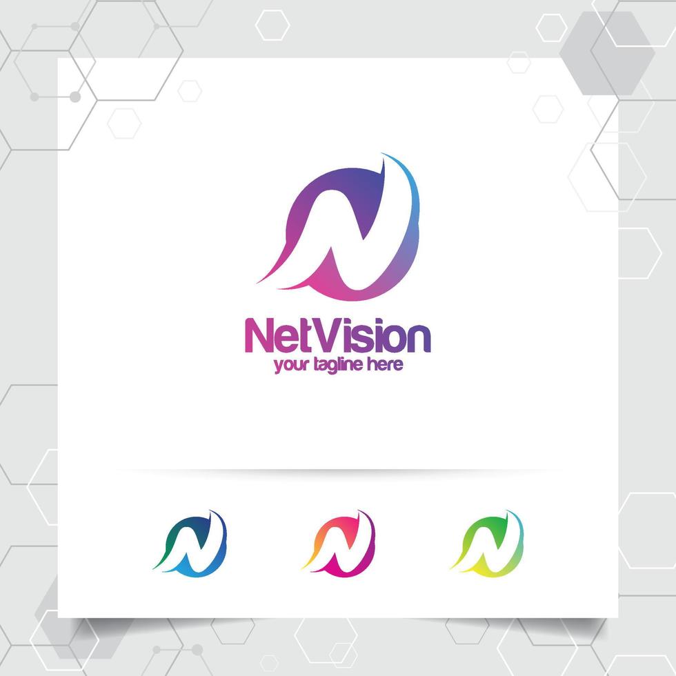 vector de diseño de letra n de logotipo digital con píxel colorido moderno para tecnología, software, estudio, aplicación y negocios.