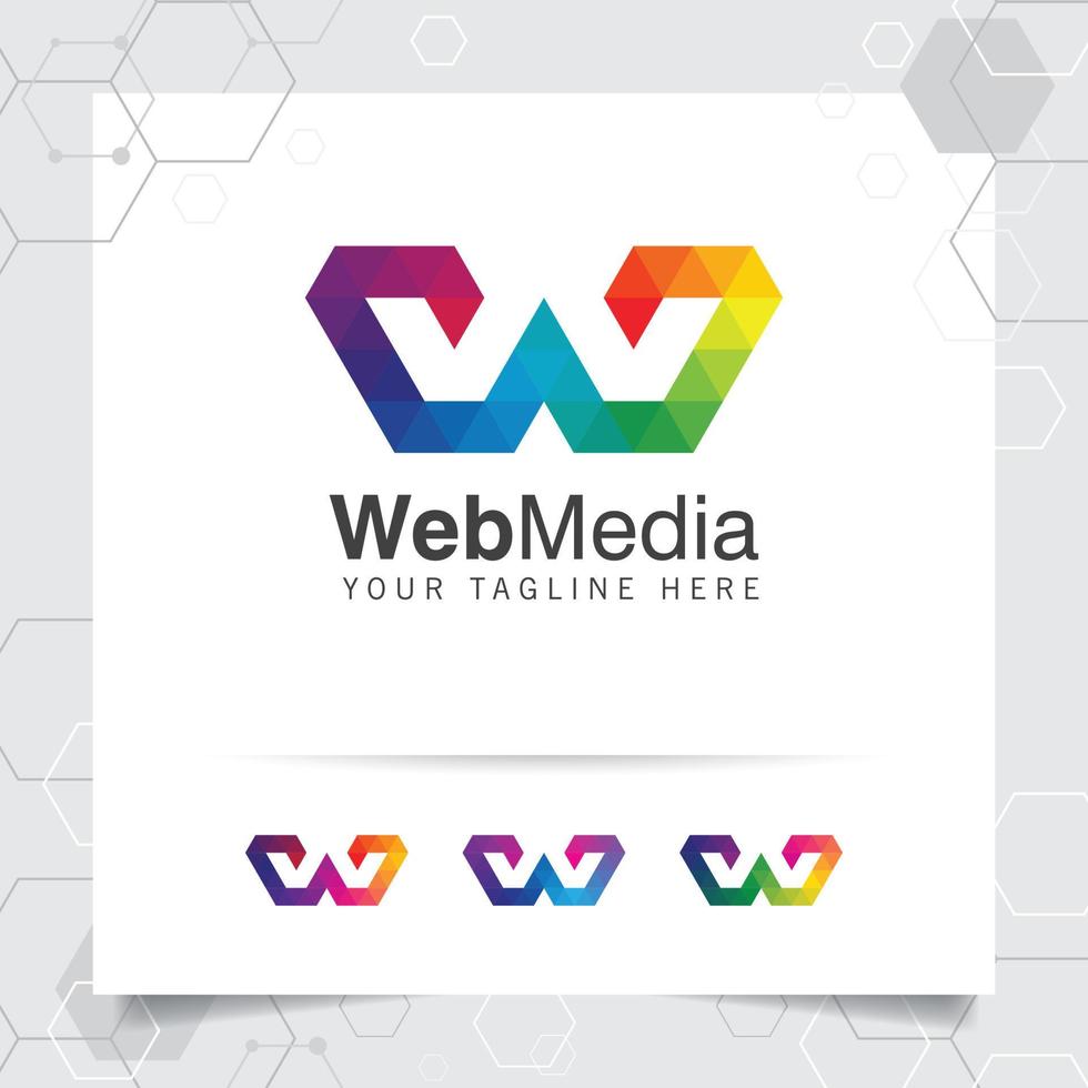 Digital logo letter W design vector with modern colorful pixel icon for technology, software, studio, app, and business.