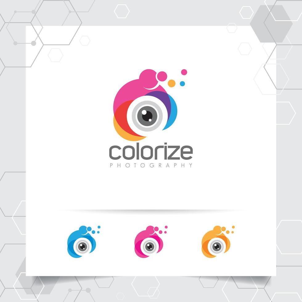 diseño de logotipo de fotografía y foto con concepto de vector de icono de lente de cámara colorido para fotógrafo, foto de estudio y fotografía de boda.