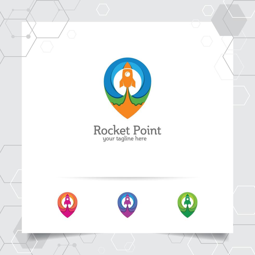 Rocket logo design with pin map concept and rocket icon. Point rocket vector used for app, technology and software.