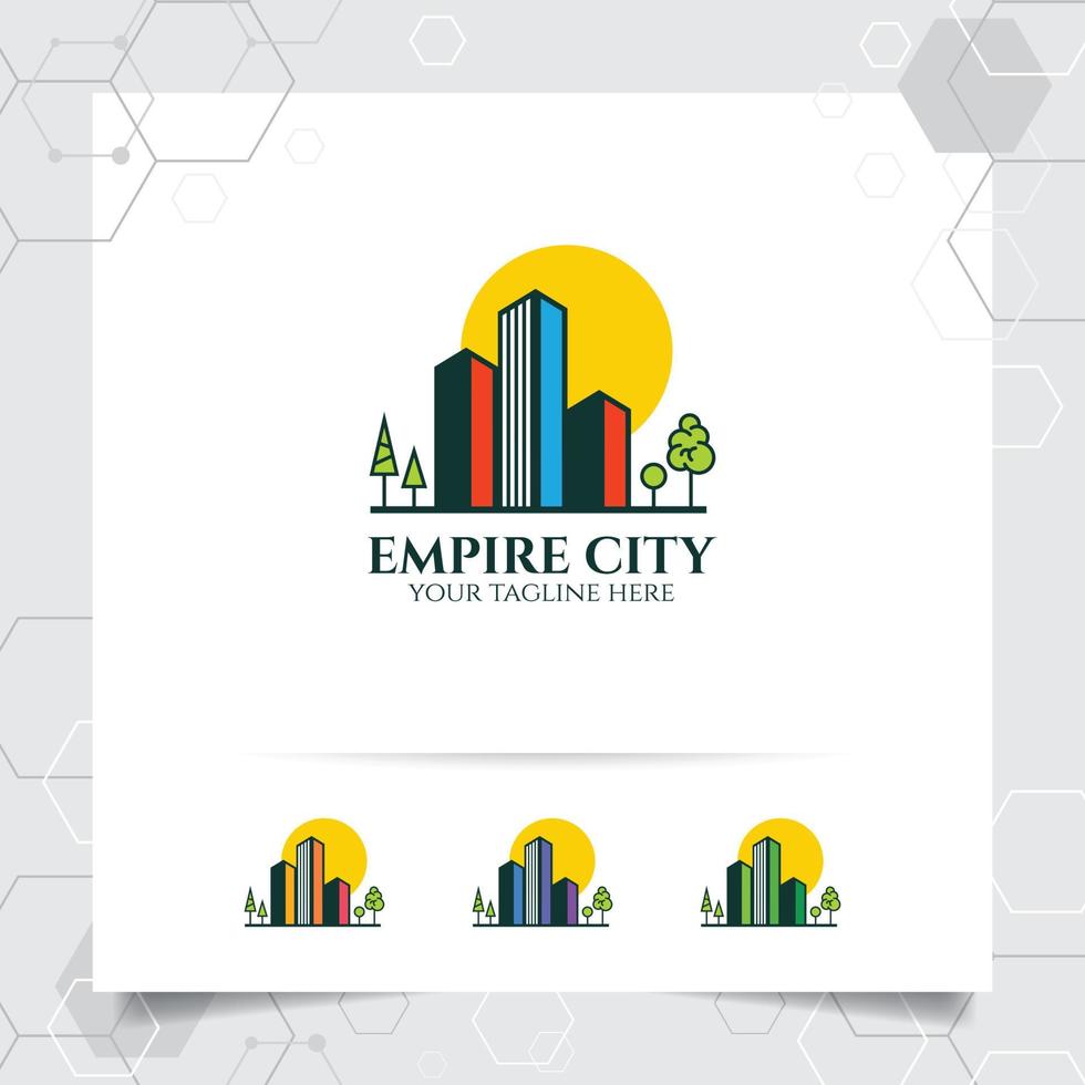 Real estate logo design concept of green city building illustration. Property logo vector for construction, contractor, residence and city scape.