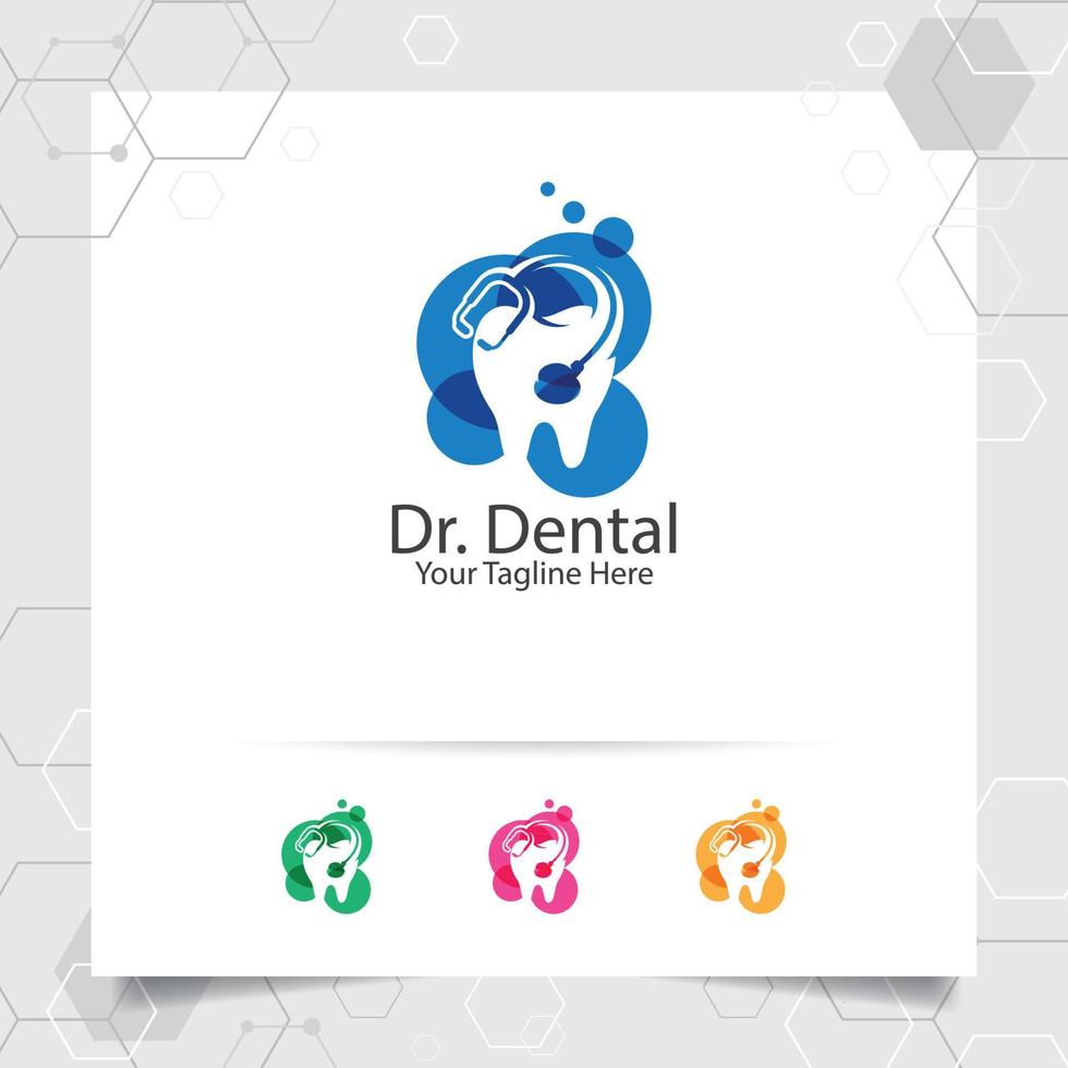 diseño de vector de dentista de logotipo dental con concepto de estetoscopio e icono de diente. Atención dental para hospital, médico, clínica y salud.