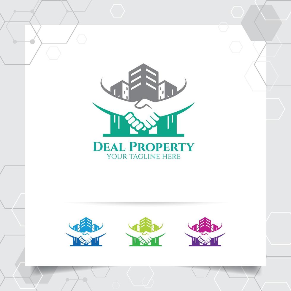 Property logo design vector with concept of deal and hand shake. Real estate and apartment logo vector for hotel, residence, construction and contractor.