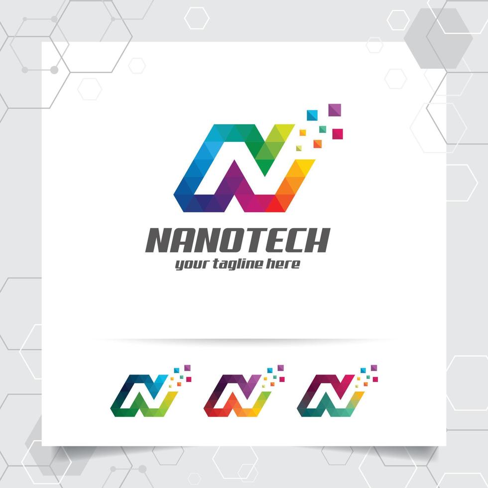 Digital logo letter N design vector with modern colorful pixel for technology, software, studio, app, and business.