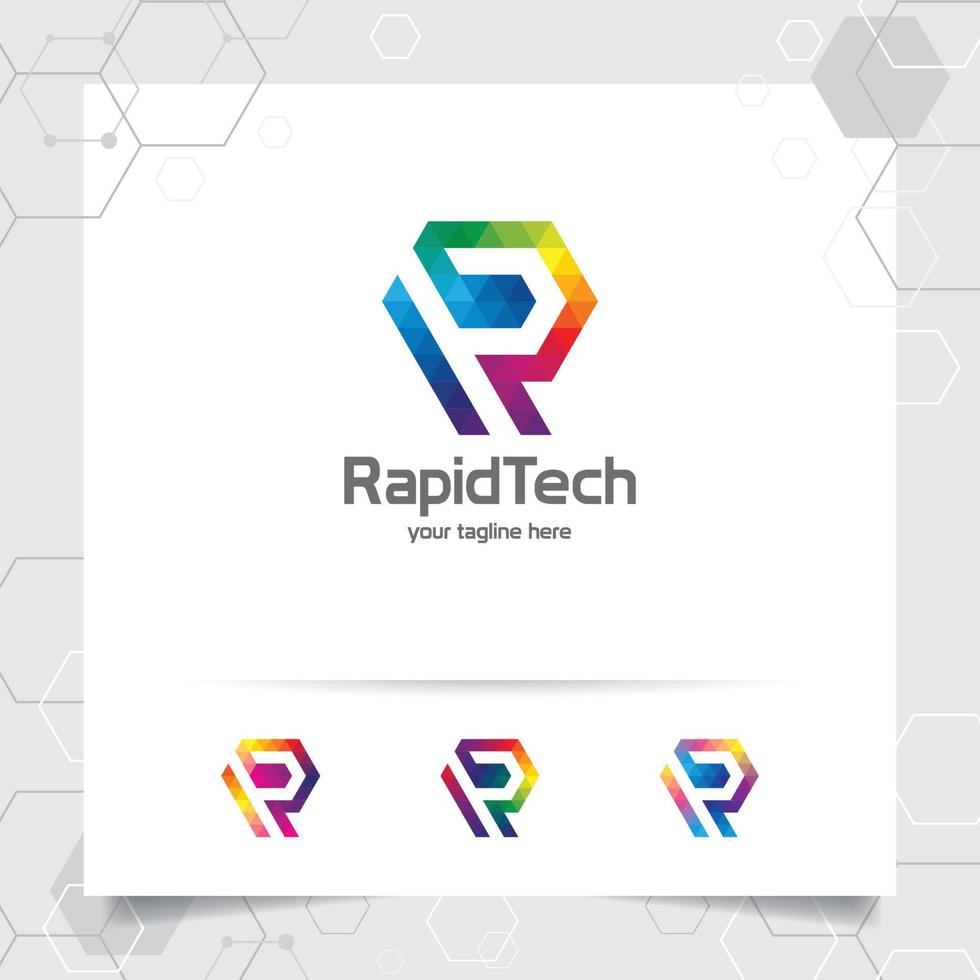 Digital logo letter R design vector with modern colorful pixel for technology, software, studio, app, and business.