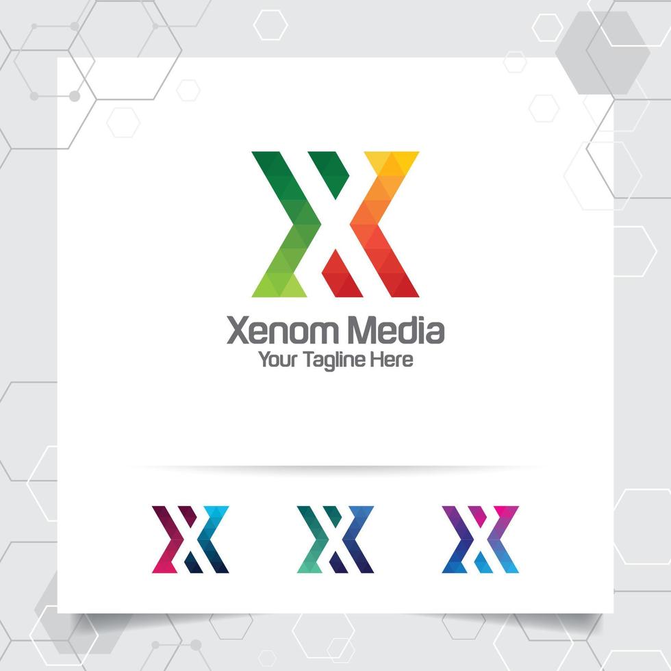 Digital logo letter X design vector with modern colorful pixel icon for technology, software, studio, app, and business.