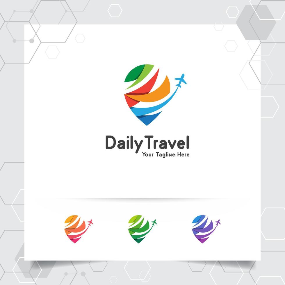 Travel logo design concept of airplane icon with pin map symbol. Traveling logo vector for world tour, adventure, and holiday.