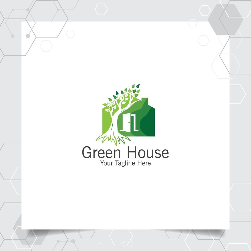 Green house logo design vector with concept of home and leaf icon illustration for real estate, property, residence and mortgage.