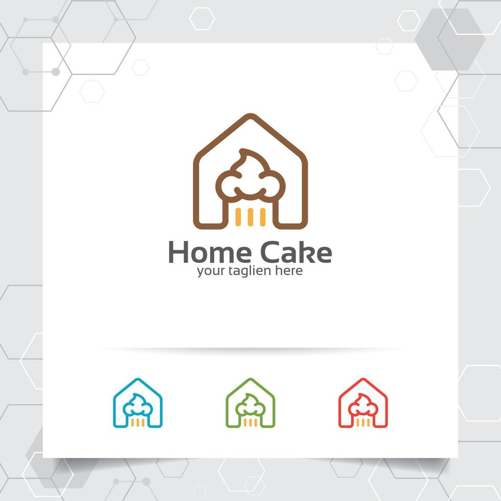 Cake vector logo design with home icon symbol for cake factory. Simple line cake icon vector.