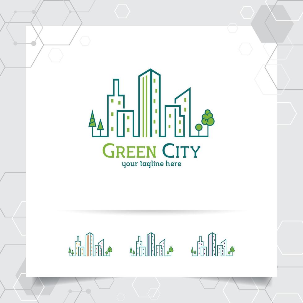 concepto de diseño de logotipo inmobiliario de ilustración de construcción de ciudad verde. vector de logotipo de propiedad para construcción, contratista, residencia y paisaje urbano.