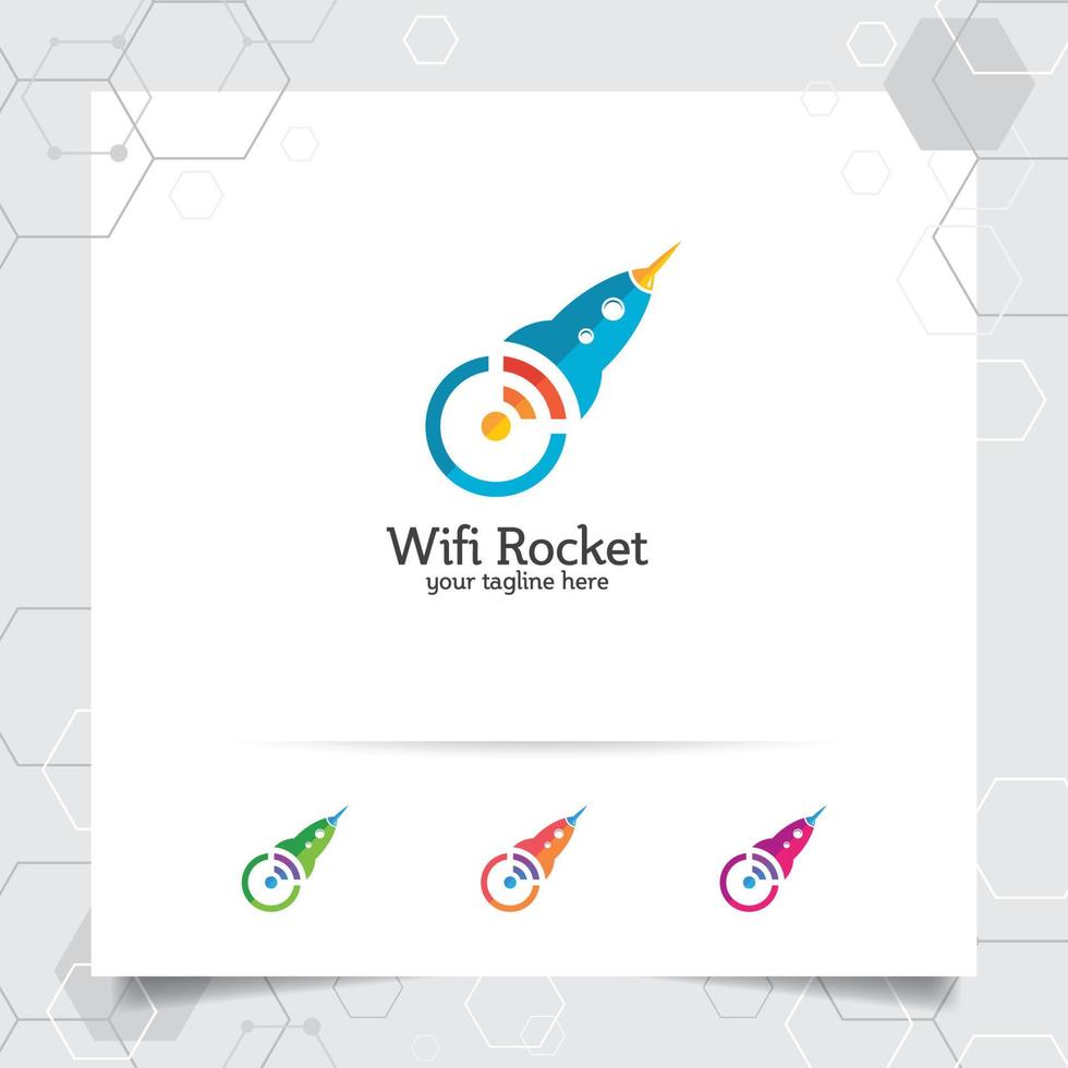 Rocket logo design with networking concept and rocket icon. Wireless rocket vector used for app, technology and software.