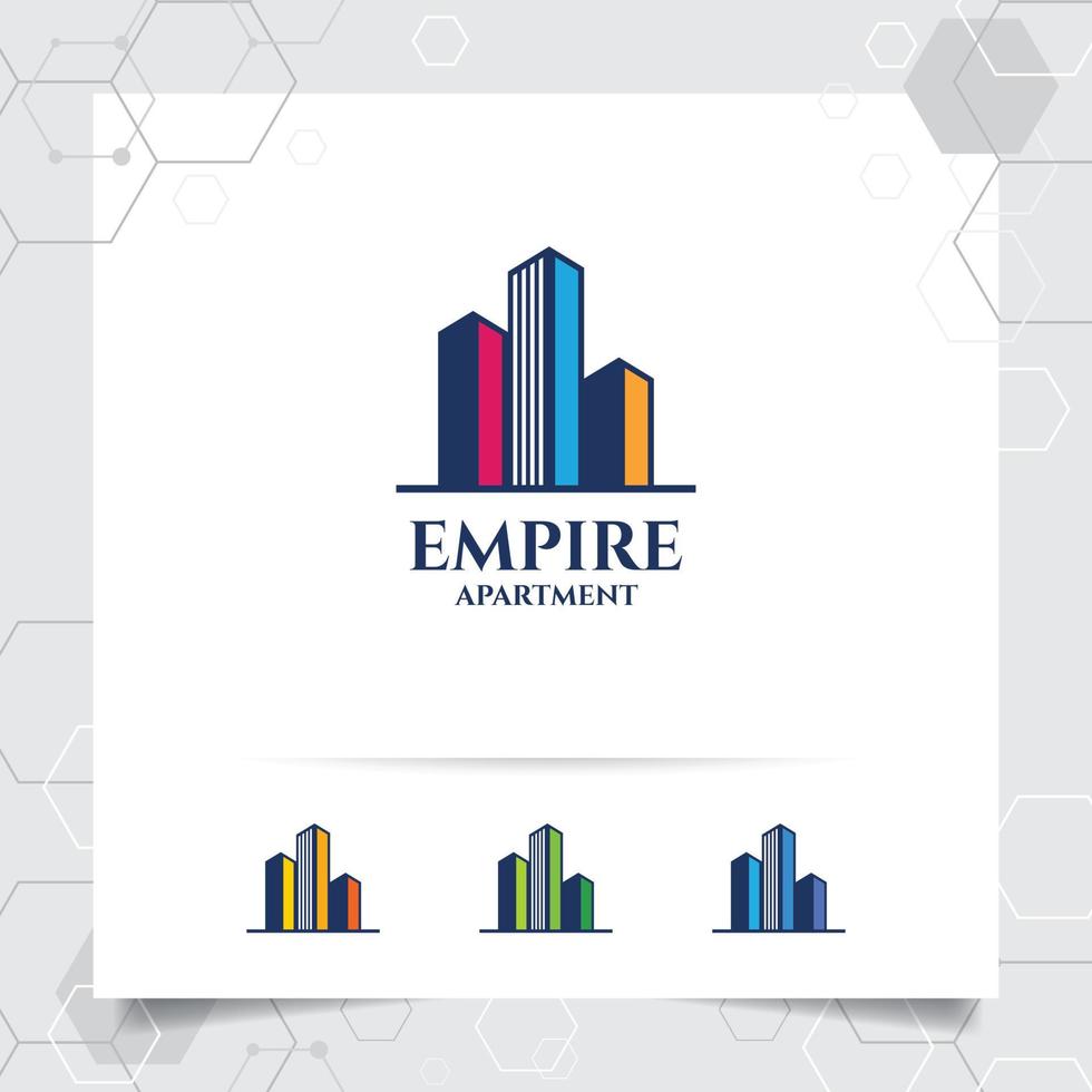 Real estate logo design concept of apartment icon and building. Property logo vector for construction, contractor, residence and city scape.