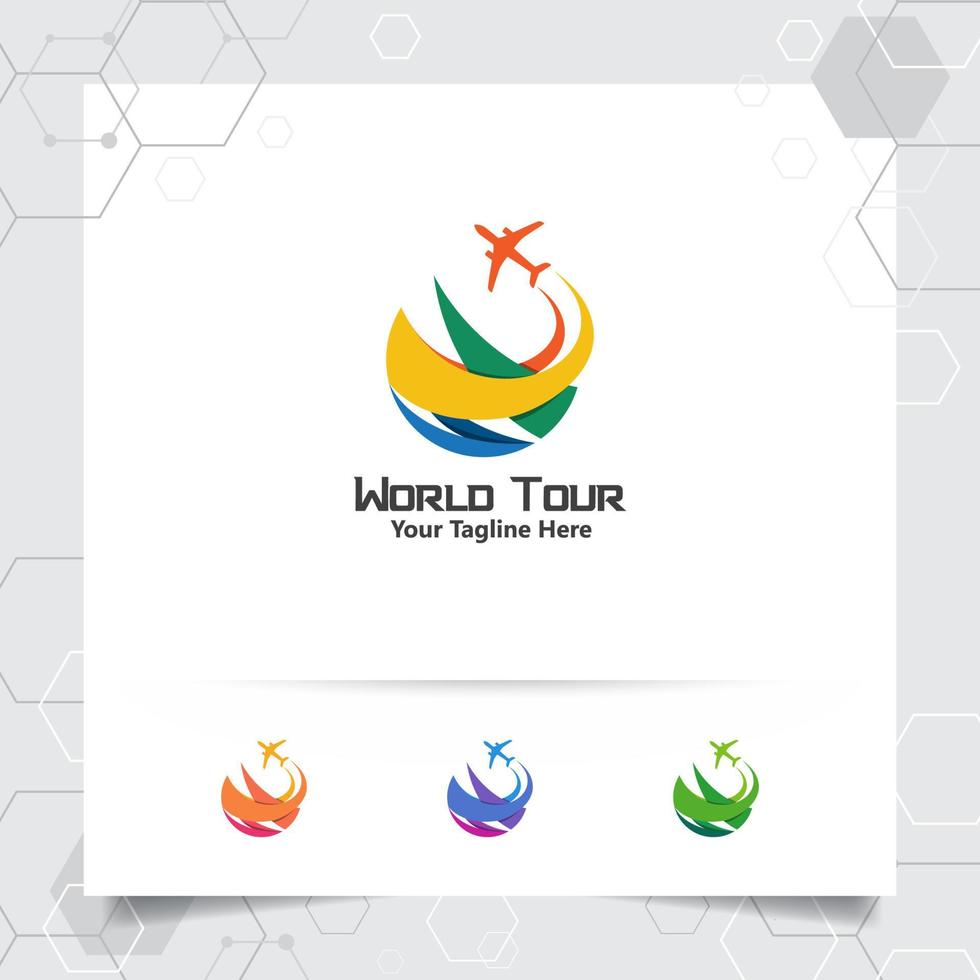 Travel logo design concept of airplane icon with globe symbol. Traveling logo vector for world tour, adventure, and holiday.