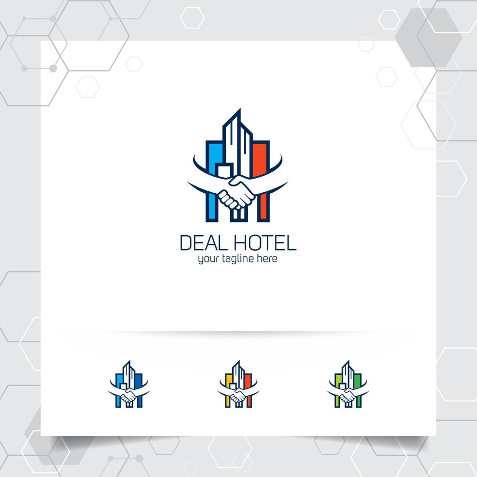 vector de diseño de logotipo de hotel con concepto de trato y apretón de manos. vector de logotipo de bienes raíces y apartamentos para hotel, residencia, construcción y contratista.