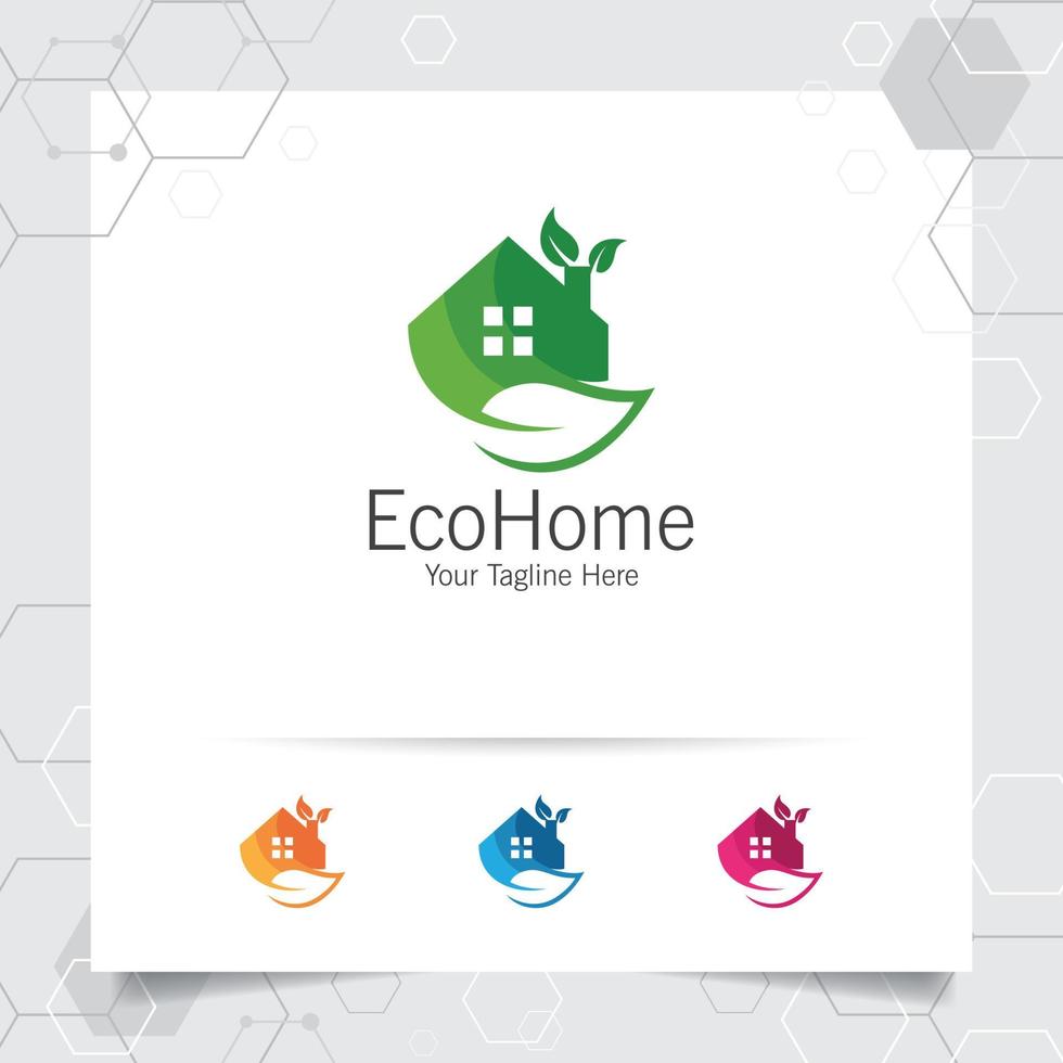 Green house logo design vector with concept of home and leaf icon illustration for real estate, property, residence and mortgage.