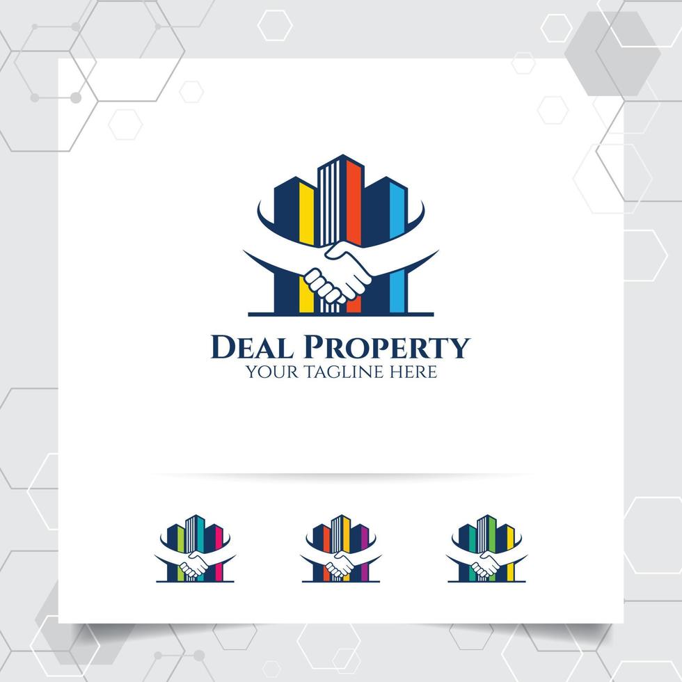 Property logo design vector with concept of deal and hand shake. Real estate and apartment logo vector for hotel, residence, construction and contractor.