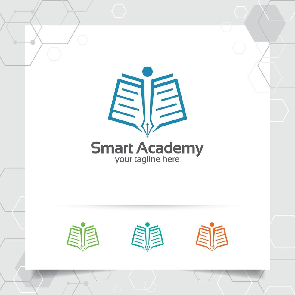 Education logo vector design with concept of book, pen, and people icon illustration for academy, university, school.