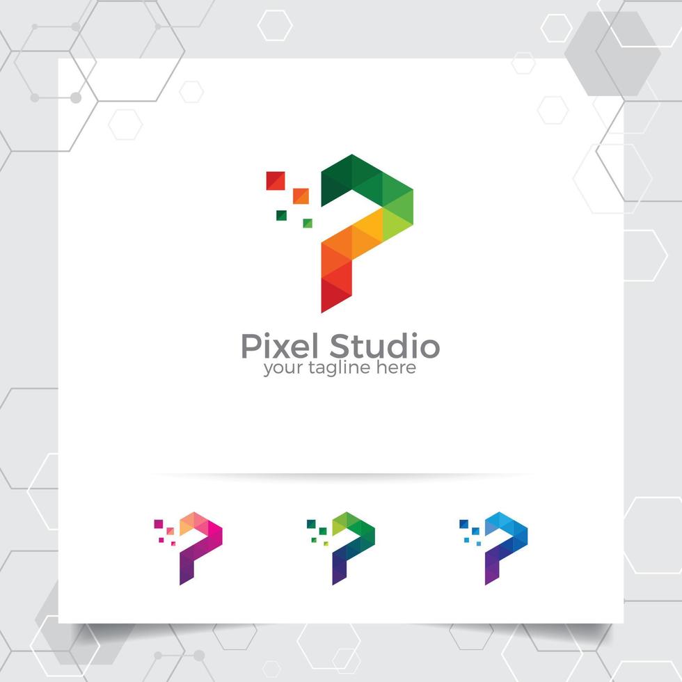 Digital logo letter P design vector with modern colorful pixel for technology, software, studio, app, and business.