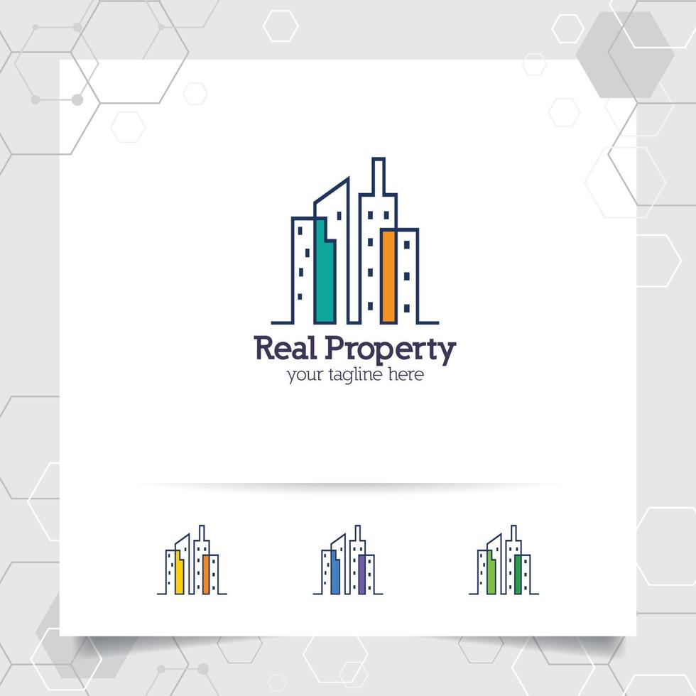 Real estate logo design concept of apartment icon and building. Property logo vector for construction, contractor, residence and city scape.