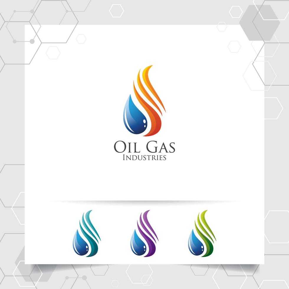 vector de diseño de logotipo de gas de petróleo con concepto de fuego ardiente e icono de gotas de aceite para la industria minera y el procesamiento de combustible.