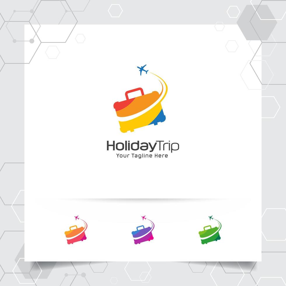 concepto de diseño de logotipo de viaje de icono de avión con símbolo de maleta. vector de logotipo itinerante para gira mundial, aventura y vacaciones.