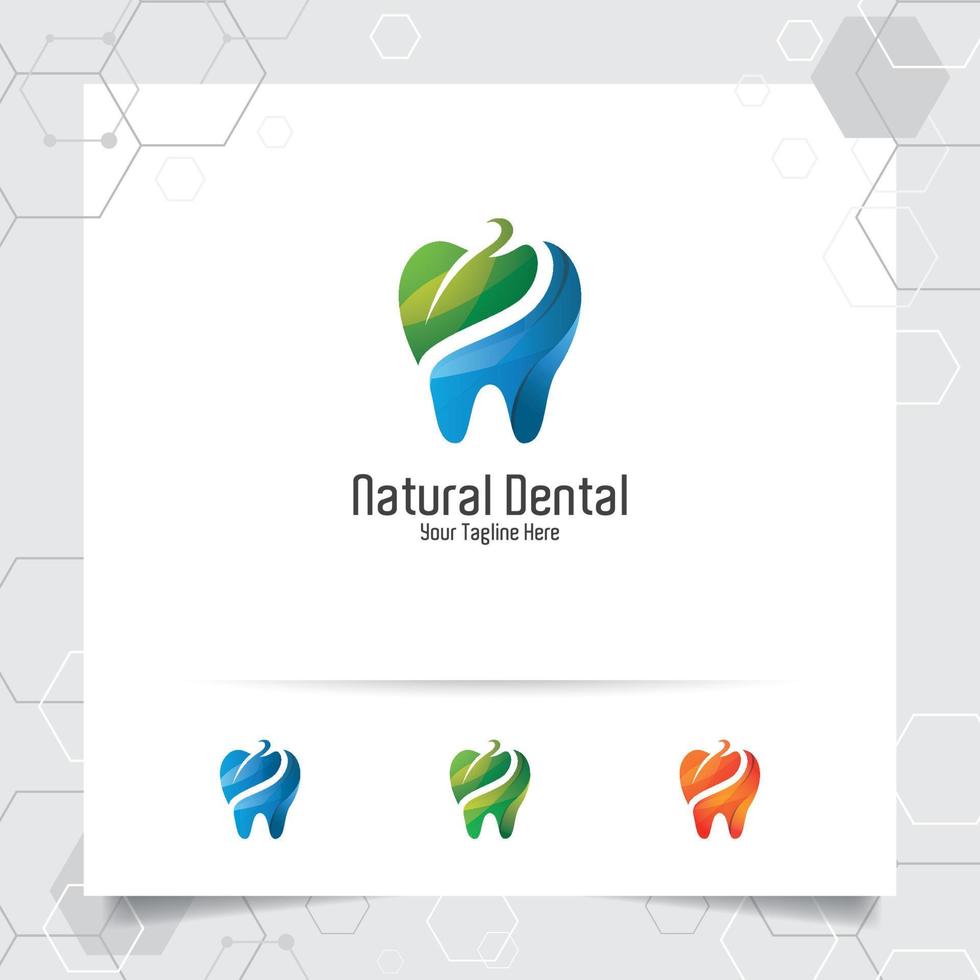Dental logo dentist vector design with concept of green leaves and tooth icon . Dental care for hospital, doctor, clinic, and health.