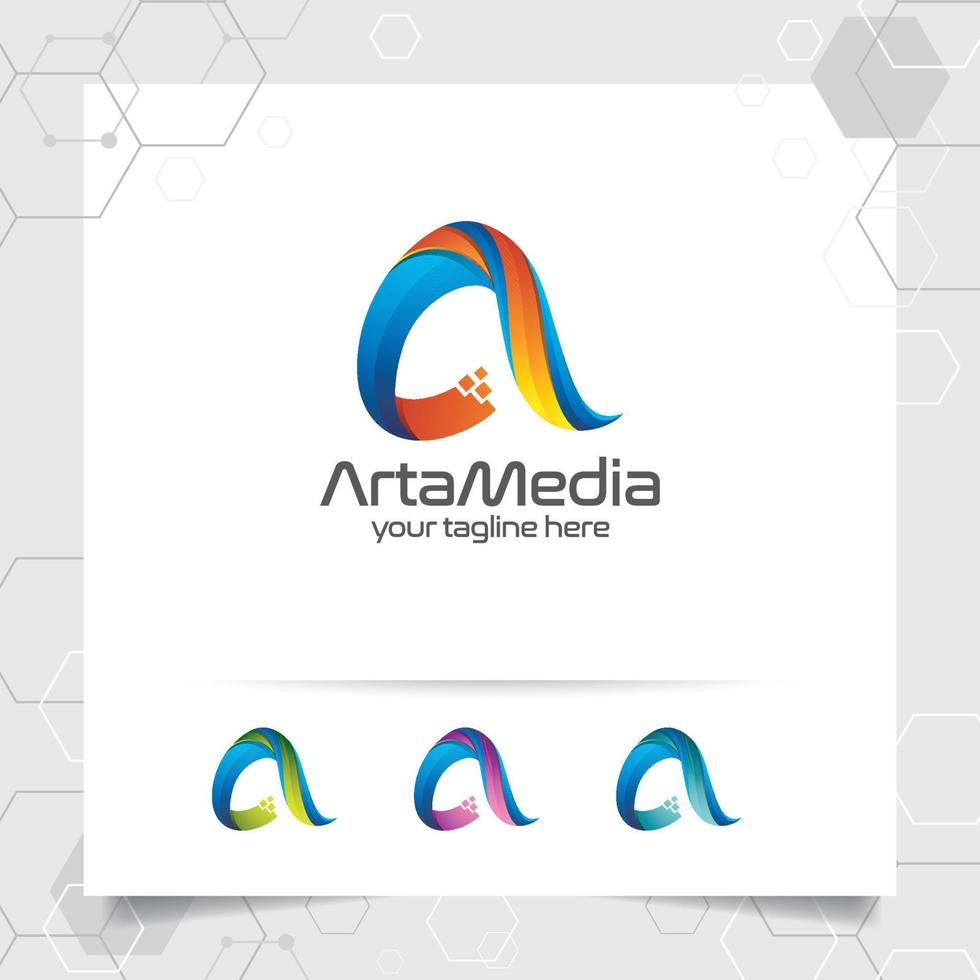 carta de vector de diseño de logotipo digital un concepto con píxel colorido moderno para tecnología, software, estudio, aplicación y negocios.