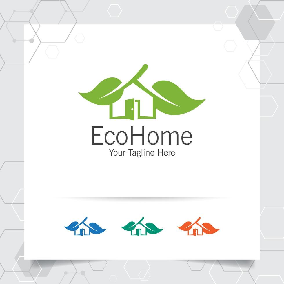 vector de diseño de logotipo de casa verde con concepto de ilustración de icono de hogar y hoja para bienes raíces, propiedad, residencia e hipoteca.