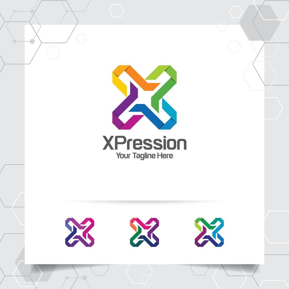 Letter X logo design vector with concept of cross icon symbol and colorful modern style for technology, software, studio, app, and business.