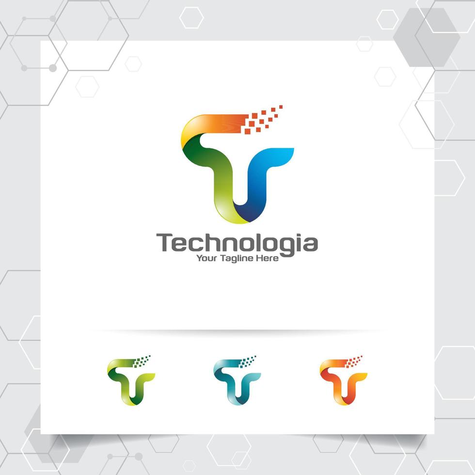 Digital logo letter T design vector with modern colorful pixel for technology, software, studio, app, and business.