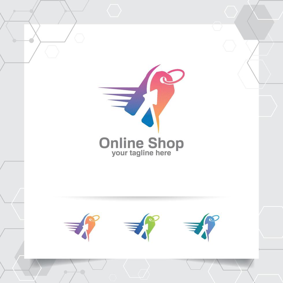 Shopping logo design vector concept of price tag icon and arrow symbol for online shop, marketplace, e-commerce, and online store.