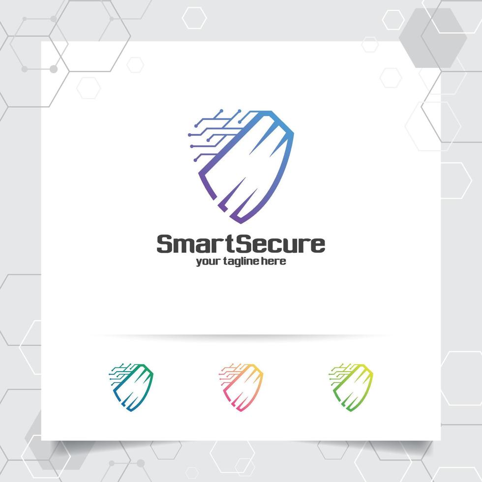 Security shield logo design with concept of protection shield vector and technology icon for data privacy, anti virus and system security.