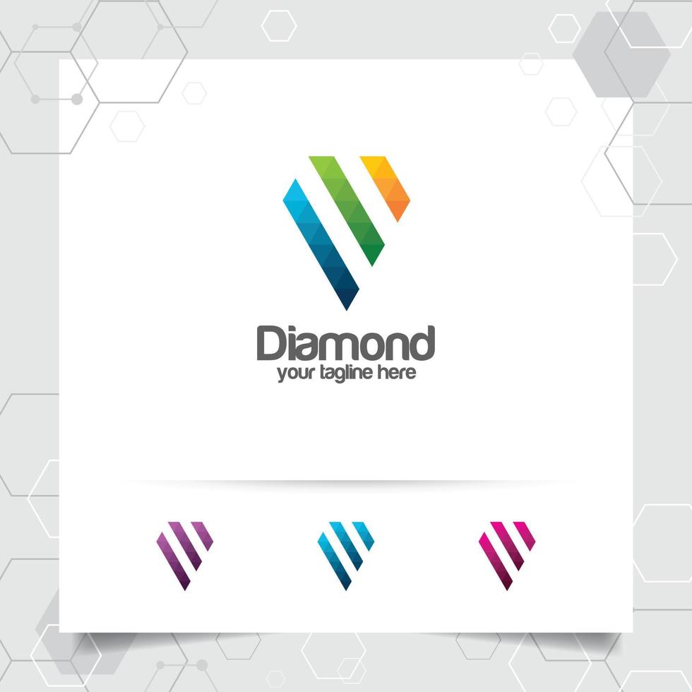 Diamond jewelery logo design vector with concept of digital pixel color. Abstract crystal gem vector illustration.