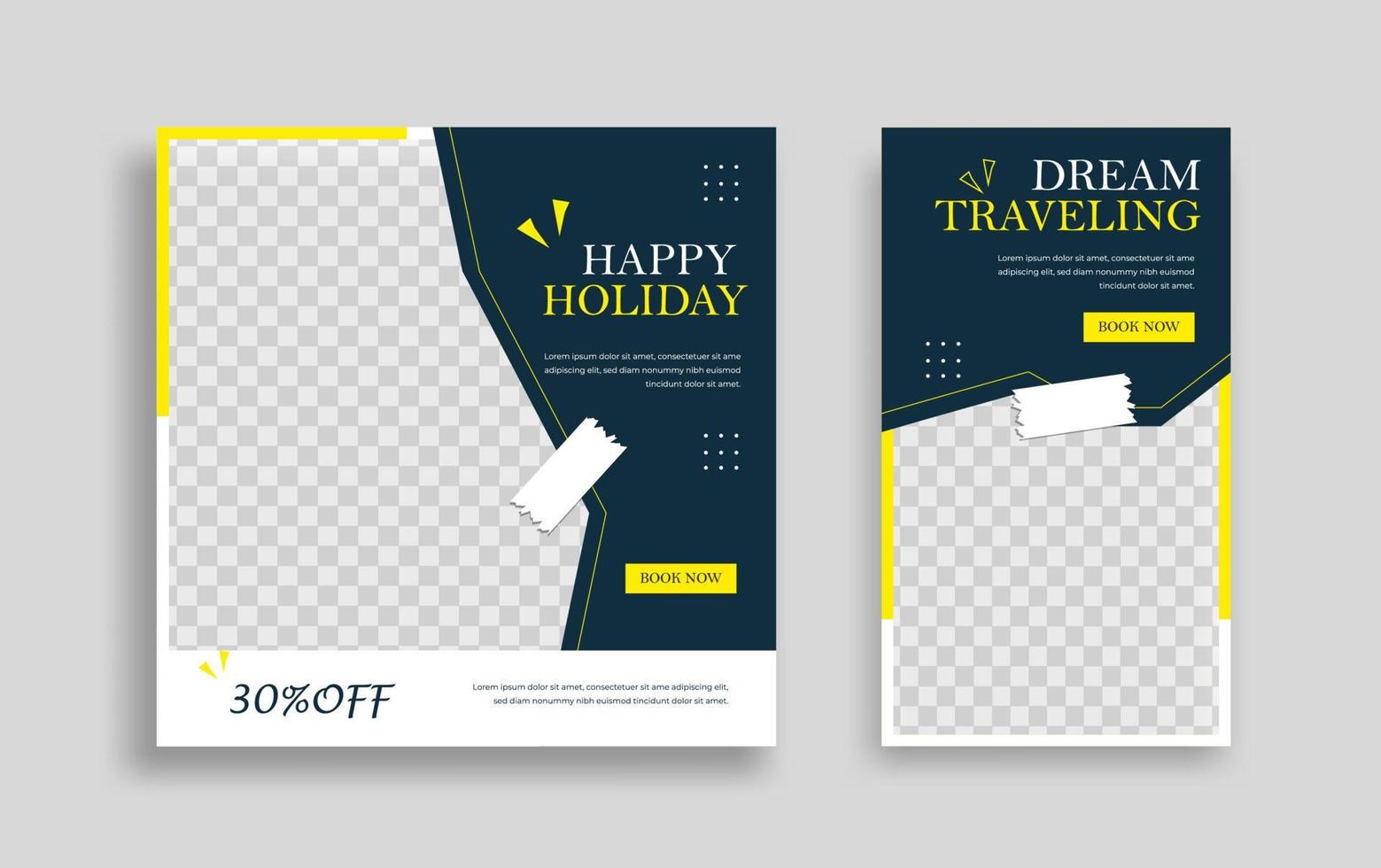 Set of Editable minimal square banner template. Blue yellow white background color with geometric shapes for social media post and web internet ads. Vector illustration